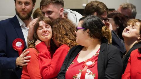 Labour supporters including Megan Corton-Scott (left) react as Labour's Alistair Strathern is declared winner in the Mid Bedfordshire by-election
