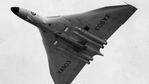 An Avro Vulcan bomber in the air at the Farnborough airshow, Sept 1958