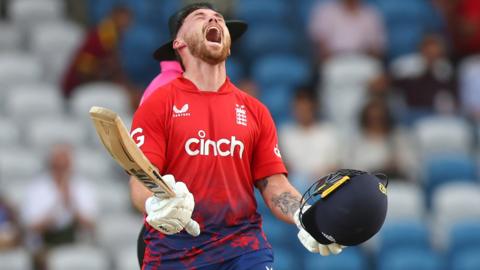 England batter Phil Salt celebrates his century v West Indies