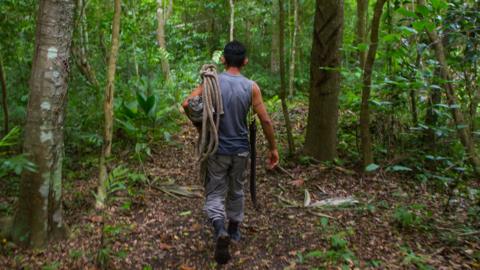 A member of the Carmelita community walks though the forest