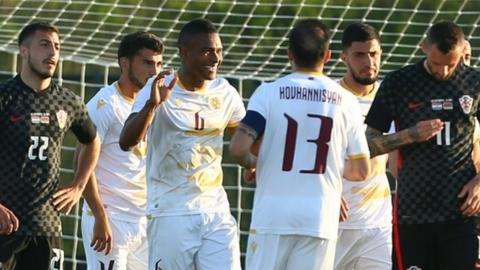 Wbeymar Angulo celebrates scoring for Armenia in their friendly with Croatia