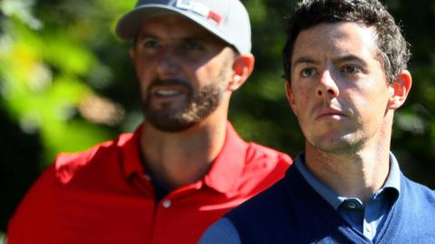 (l-r) Dustin Johnson and Rory McIlroy