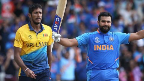 India's Rohit Sharma celebrates against Sri Lanka