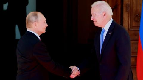 US President Joe Biden (R) and Russia"s President Vladimir Putin (L) meet during the US-Russia summit at Villa La Grange in Geneva, Switzerland, 16 June 2021.