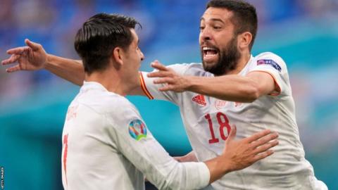 Jordi Alba and Alvaro Morata celebrate