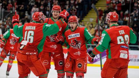 Cardiff Devils celebrate during the win over Sheffield Steelers