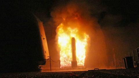 Image dated 14 April 2018 provided by the US Navy showing the guided-missile cruiser USS Monterey (CG 61) fires a Tomahawk land attack missile