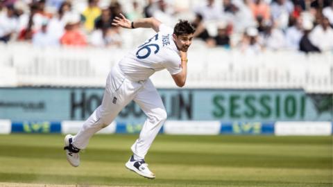 Josh Tongue of England in delivery stride during the LV= Insurance Test Match: Day Three between England and Ireland at Lord's Cricket Ground