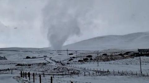'Snow tornado' over a field in Shetland
