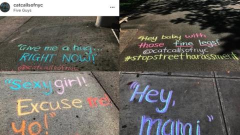 Pictures of catcalls written in text on the pavement