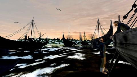 Virtual reality scene of Viking boats on River Trent