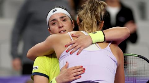 Ons Jabeur hugs Aryna Sabalenka after their WTA Finals match in Texas