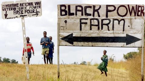 Sign for a farm occupied during Zimbabwe's land reform programme in 2000