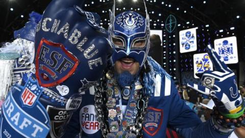 An Indianapolis Colts fan at the 2022 NFL Draft in Las Vegas