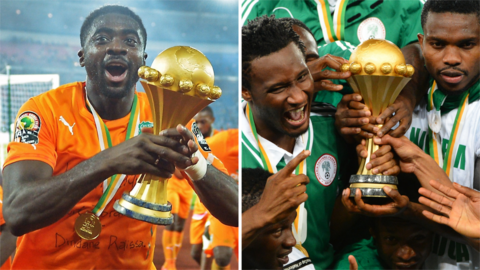 Ivory Coast defender Kolo Toure with the Africa Cup of Nations trophy in 2015, and Nigeria defender John Obi Mikel and team-mates celebrate their victory in 2013