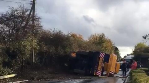 Overturned crane truck on the A140 in Suffolk