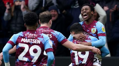 Burnley celebrate Nathan Tella's opening goal against Wigan