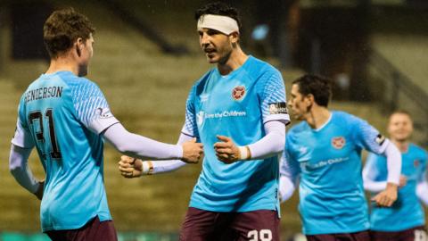 Hearts celebrate Euan Henderson(left) making it 2-0