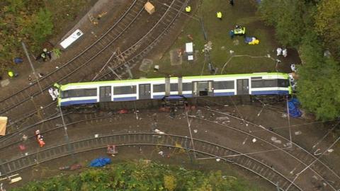 Croydon tram on its side