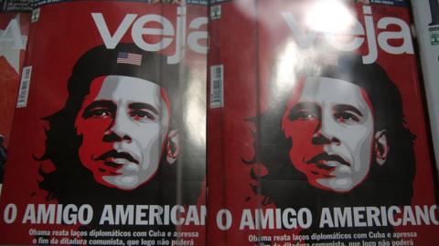 A magazine cover showing Obama portrayed in the style of Che Guevara