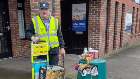 Gordon Allen with the forgotten bin on Horndean Road (word censored version)