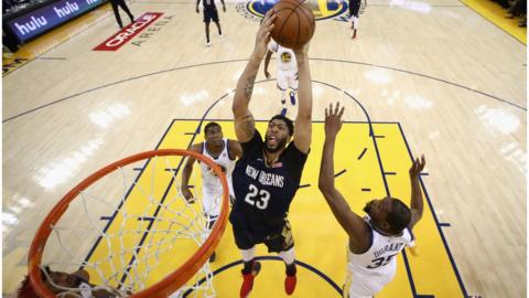 Anthony Davis #23 of the New Orleans Pelicans goes up for a shot on Kevin Durant #35 of the Golden State Warriors during Game Five of the Western Conference Semifinals of the 2018 NBA Playoffs at ORACLE Arena on May 8, 2018 in Oakland, California.