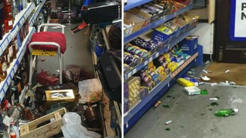 Smashed bottles and damage after shop attack