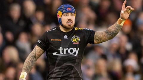 Jack Nowell makes a point in action for Exeter