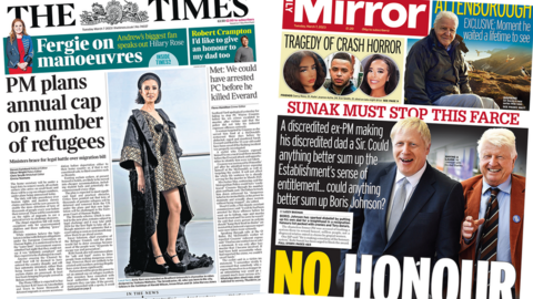 The headline in the Times reads, "PM plans annual cap on number of refugees", while the headline in the Mirror reads, "No honour".