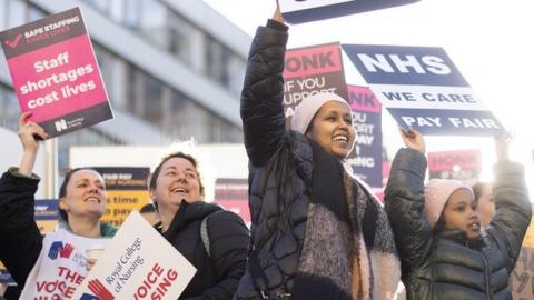 Picket line supporters with placards