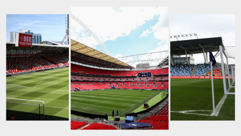 A composite image showing Brentford Community Stadium, Wembley and Man City Academy