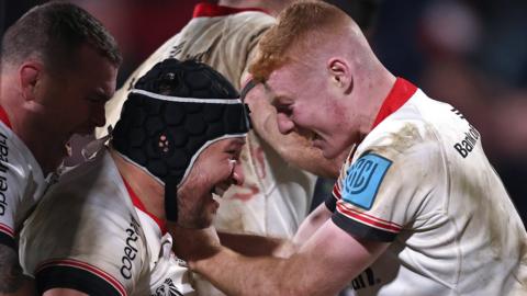 Gareth Milosinovich and Nathan Doak celebrate Ulster's third try