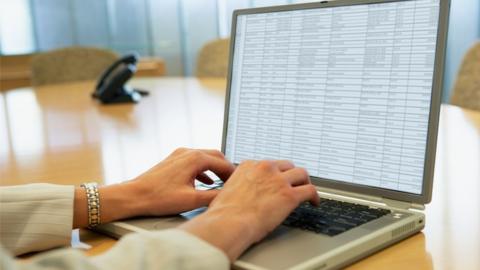 Stock image showing a spreadsheet with details on a laptop