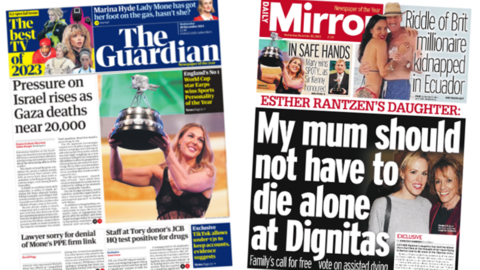 The Guardian's front page reads: "Pressure on Israel as Gaza deaths near 20,000" and The Daily Mirror's front page reads: "My mum should not have to die alone at Dignitas"