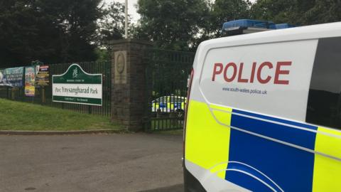 A police van outside Ynysangharad Park in Pontypridd