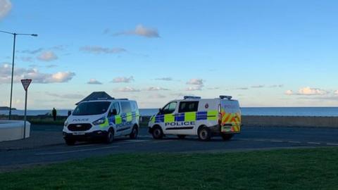 Police vans by the cordon