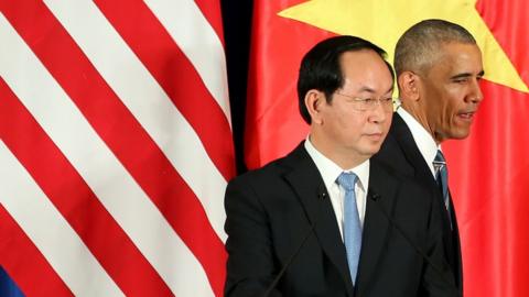 US President Barack Obama and Vietnam's President Tran Dai Quang after a press conference at the International Convention Center in Hanoi on 23rd May 2016.