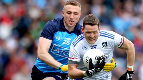 Conor McManus tries to get away from Dublin's Paddy Small at Croke Park