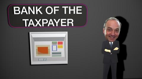 A graphic of Mark James next to a cashpoint