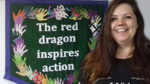 Tasha Middleton, of Sew Swansea, helped make a banner inspired by designs from Greenham Common