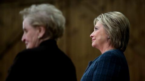 Democratic presidential candidate former Secretary of State Hillary Clinton (R) looks on with former Secretary of State Madeleine Albright (L) during a get out the vote organizing event at Rundlett Middle School on 6 February 2016 in Concord, New Hampshire.