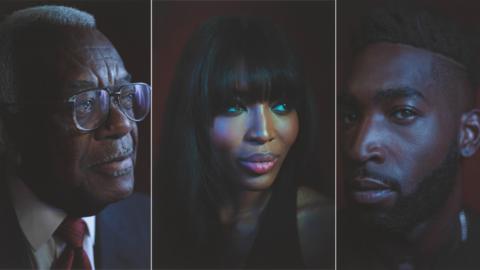 Left to right: Sir Trevor Mcdonald, Naomi Campbell and Tinie Tempah