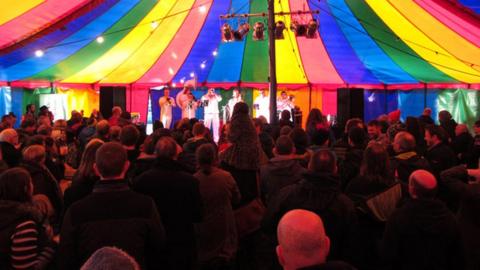 Inside the music tent at the Machynlleth Comedy Festival