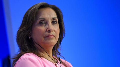 Peru's President Dina Boluarte looks on during Summit Address and Invitation to APEC Peru 2024 at the Asia-Pacific Economic Cooperation (APEC) Leaders' Week in San Francisco, California, on November 15, 2023.
