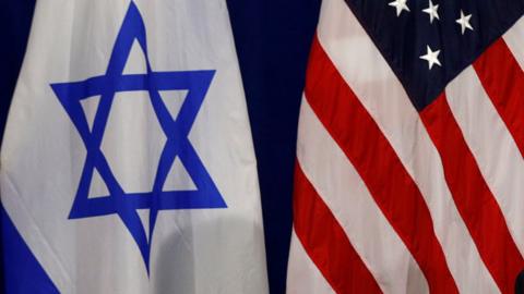 The Israel and US flags draped side-by-side at a meeting between Obama and Netanyahu, 2016