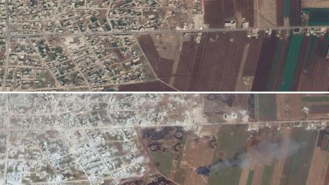 Satellite images from 20 July 2018 (top) and 26 May 2019 (bottom) showing damaged or destroyed buildings and apparent aerial bombardment in Idlib province, Syria