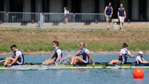 Britain's Francesca Allen, Giedre Rakauskaite, Edward Fuller, Oliver Stanhope and Erin Kennedy