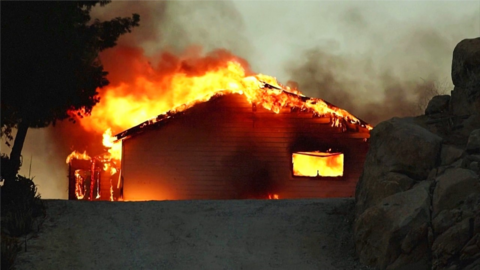 A building consumed by fire in southern California