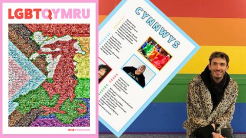 LGBTA+ magazine front cover with contents page and founder Bleddyn Harris