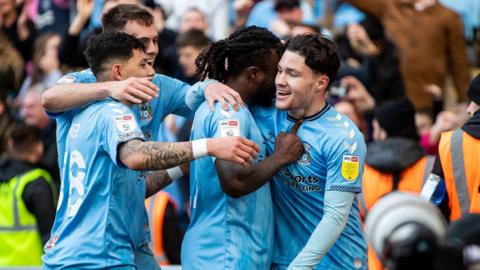 Coventry players celebrate Callum O'Hare's second goal